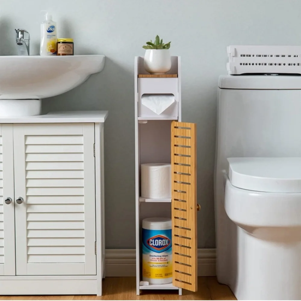 Bathroom Storage Corner Floor Cabinet/Shelves with Bamboo Doors